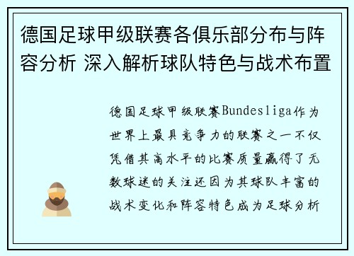 德国足球甲级联赛各俱乐部分布与阵容分析 深入解析球队特色与战术布置