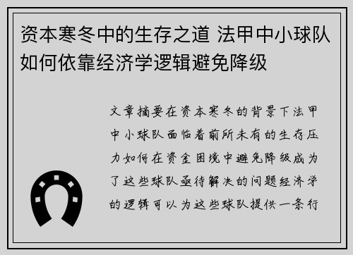 资本寒冬中的生存之道 法甲中小球队如何依靠经济学逻辑避免降级