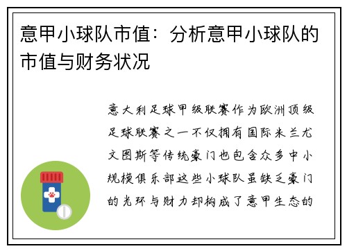 意甲小球队市值：分析意甲小球队的市值与财务状况